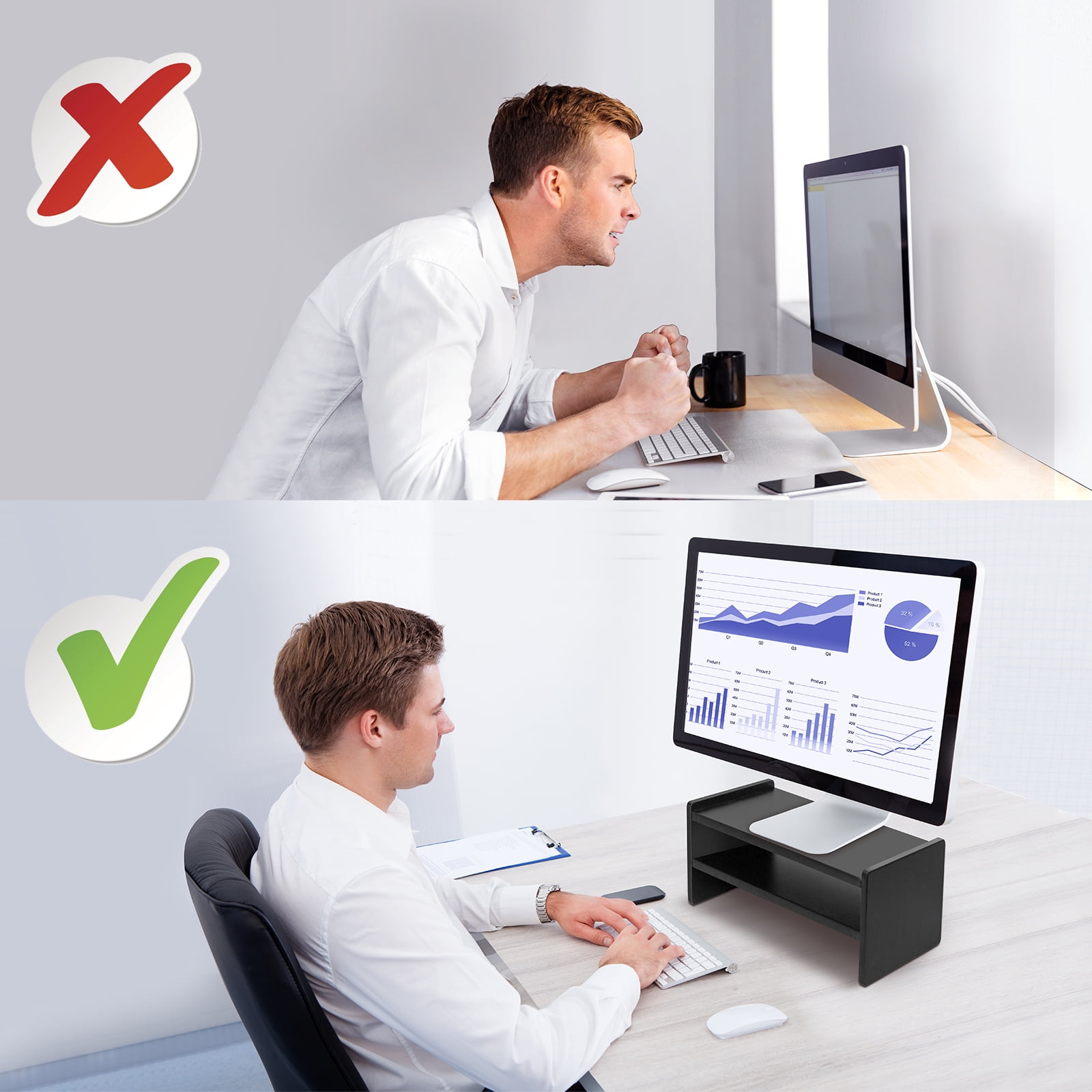 Kepooman 2-Tier Wood Arm Riser Desk Storage Organizer, 16.7 inch Computer Monitor Stand Clamp Desk TV Shelf Risers