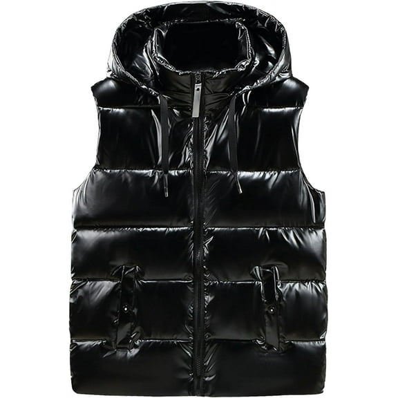 NANAHuang Men's Shiny Winter Hooded Puffer Vest Sleeveless Thicken Warm Cotton Cargo Vest Fashion Padded Down Vest Jacket