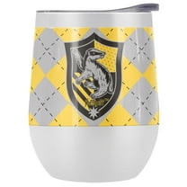 Harry Potter Official Hufflepuff Plaid Sigil 12 oz Stemless Tumbler, Stainless Steel Travel Cup|Lake Tumbler|Insulated with Leak Resistant Slide-Lock Lid, White
