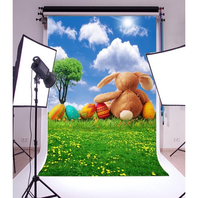 Fondo de fotografía 150x220 cm ABPHQTO Cielo azul Sol Huevos pintados Hierba Floretes Conejo lindo