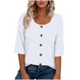 thumbnail image 3 of Jaunzuar 3/4 Length Sleeve Womens Tops Solid Color Crew Neck Summer Tops Casual Work Button Down Shirts L, 3 of 6