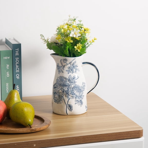 Blue and White Ceramic Vase, Chinoiserie Pitcher Design with Handle, Decorative Flower Vase for Living Room, Bedroom, or Home Table