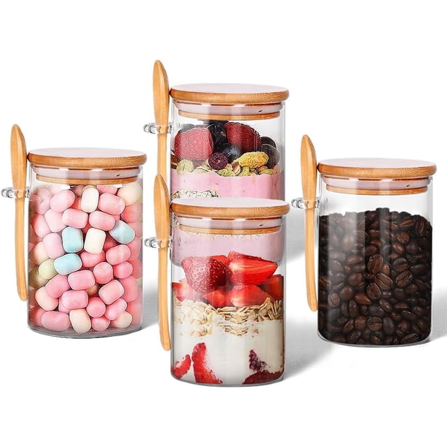 Recipientes de Avena, Frascos de Vidrio con Tapa Hermética y Cuchara, Tarros de Avena de Vidrio, Pack Tarros de Vidrio con Tapa para Café, Azúcar, Especias, Té