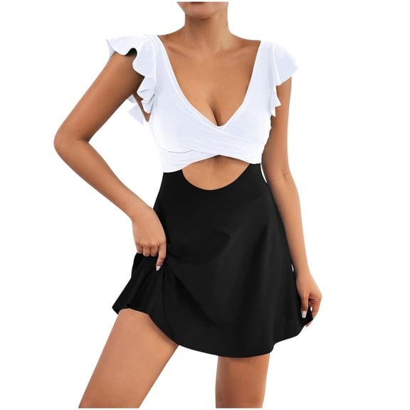 One Piece Swimdress Ruffle Swimsuit for Women Hollow Criss Cross Swim Dresses V Neck Bathing Suit Skirt