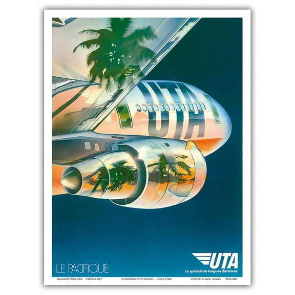Le Pacifique (The Pacific) - Palm Trees Reflected on Plane - UTA (Union des Transports Aériens) - Vintage Airline Travel Poster c.1960s - Master Art Print (Unframed) 9in x 12in