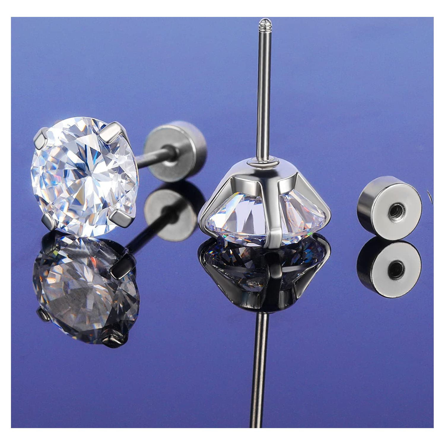 Black Round Cubic Zirconia Screw Back Stud Earrings Mens Womens 3/4/5/6mm  2Pcs | eBay