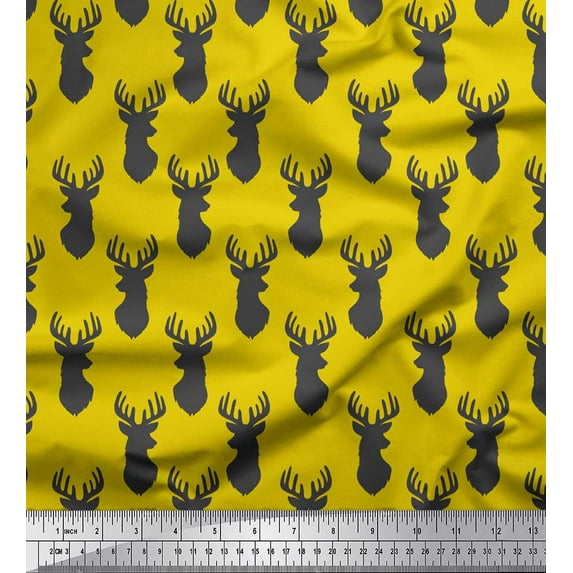 Soimoi Yellow Moss Georgette Fabric Stencil Elk Mount Face Print Sewing Fabric Yard 42 Inch Wide