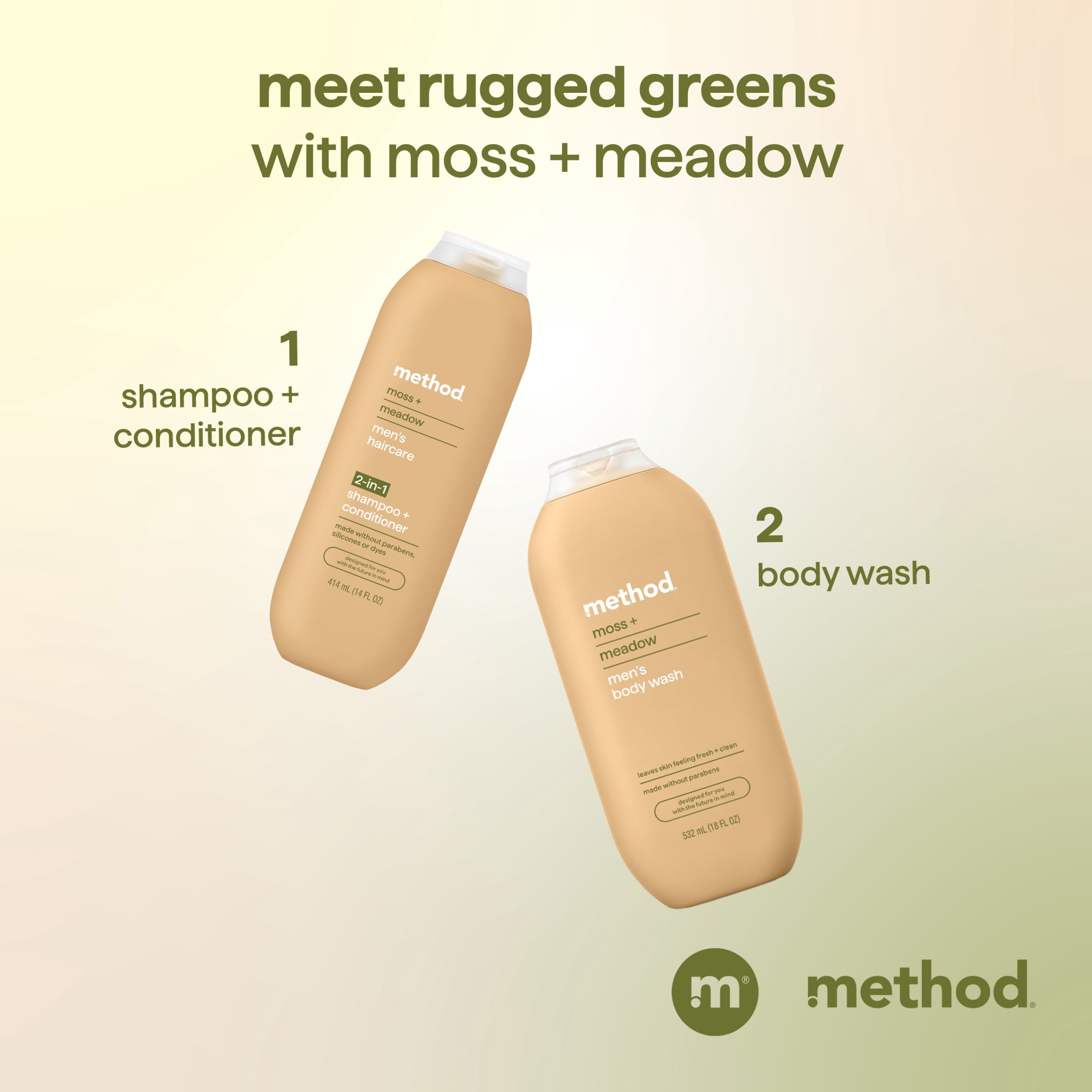 method Men 2-in-1 Shampoo and Conditioner, Moss + Meadow,  Cleans and Conditions with Argan and Jojoba Oil - Made without Parabens - 14 fl oz
