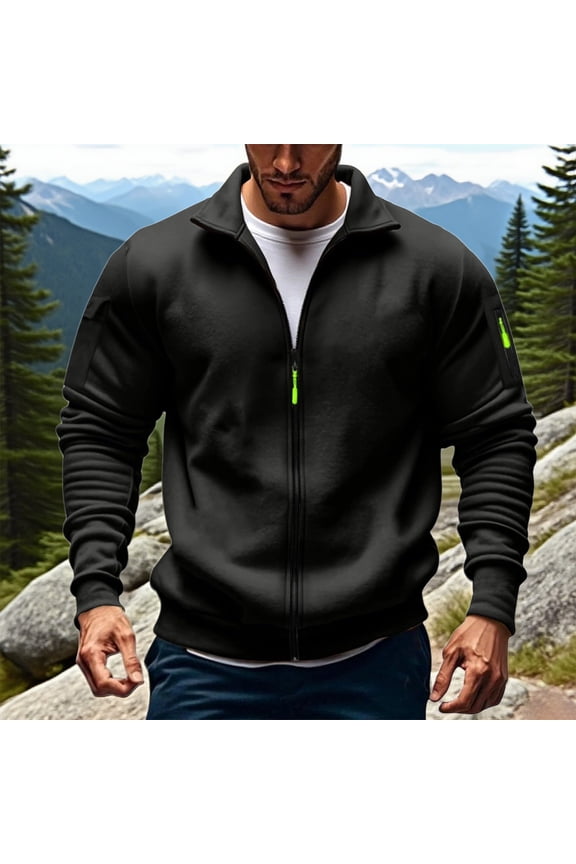 Men's Fleece Stand Collar Jacket Thick Thermal Windproof Full Zipper Kangaroo Pocket Winter Sports Outerwear