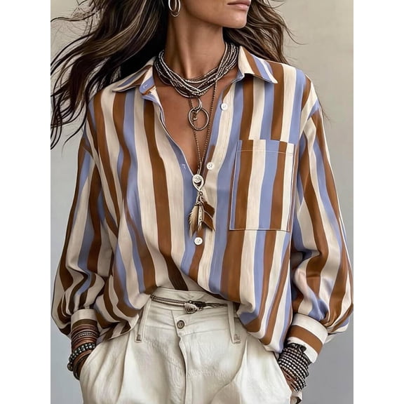 Women's French Boho Blue Brown Striped Draped Blouse Button Front Loose Fit Long Sleeve Top with Pocket for Layering with Necklaces