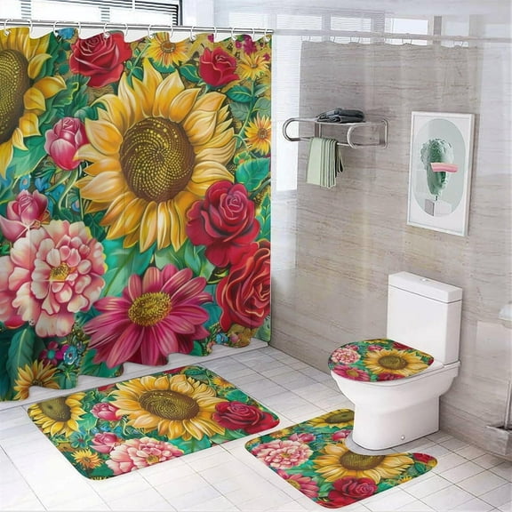 4Pcs Sunflower Garden Shower Curtain Set with Rugs, Toilet Lid Cover and Bath Mat, Colorful Nature Plants Floral Daisy Bathroom Curtains Decor Shower Curtains, 72" x 72"