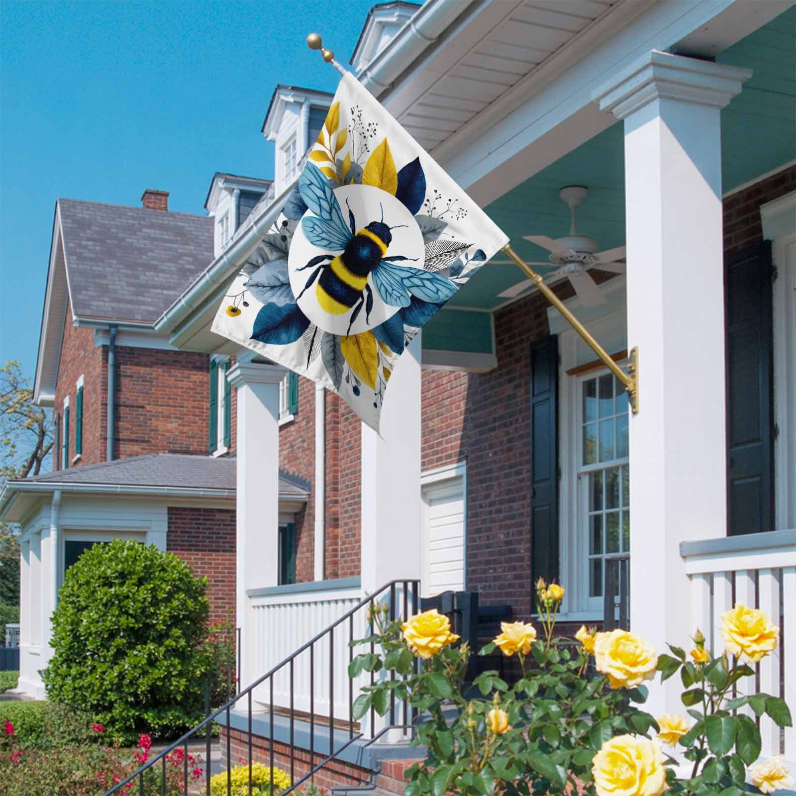 Bees House Flag 28 x 40 Inches, Gold Blue Leaves Plant Bee Weather Proof Outdoor Patio Flags Double Sided Small House Decoration for Yard Lawn Outside Home