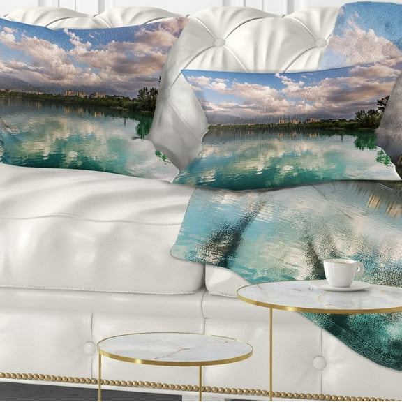 Designart City Lake with Cloud Reflection - Cityscape Photo Throw Pillow - 12x20