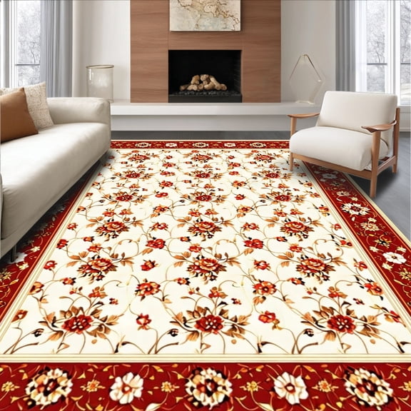 ODIKA 4'x6' Machine Washable Non-Slip Area Rug, Victorian Blossom with Curved Palmette and Vinework Detailing High Traffic Rug, Beige, 131123
