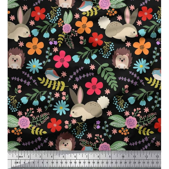 Soimoi Cotton Duck Fabric Floral,Rabbit & Porcupine Cartoon Decor Fabric Printed Yard 42 Inch Wide