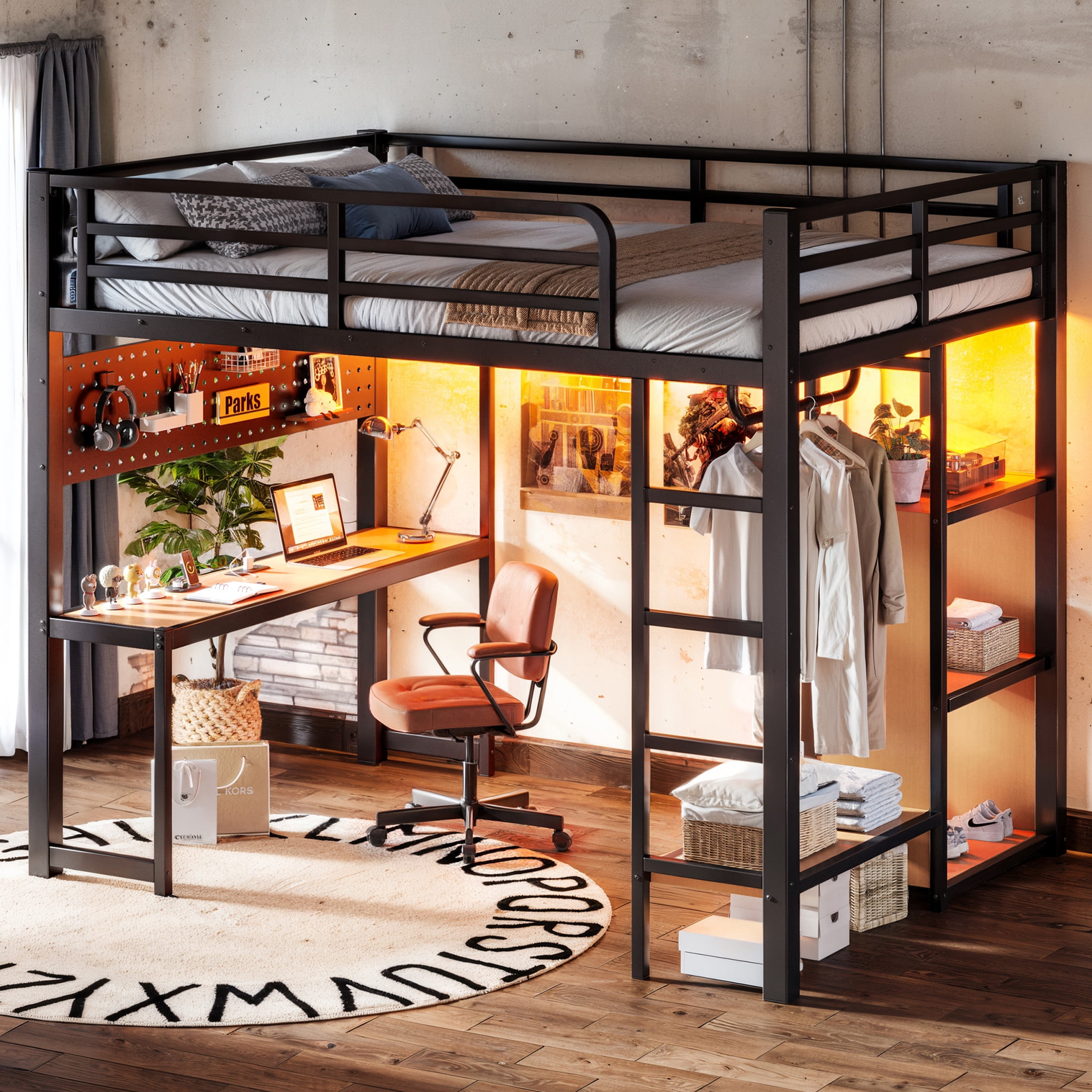 Noble House Full Loft Bed with Desk, Storage Shelves, USB Ports and Lights, Black