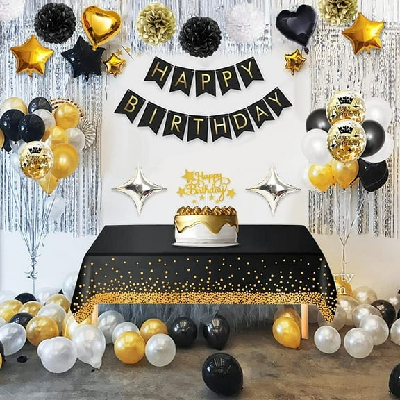 GEEKEO Black Gold Birthday Decoration Balloons, Black Gold Party Supplies with Happy Birthday Banner, Paper Pom Poms, Black Gold Foil Balloons for Men Women Birthday Anniversary