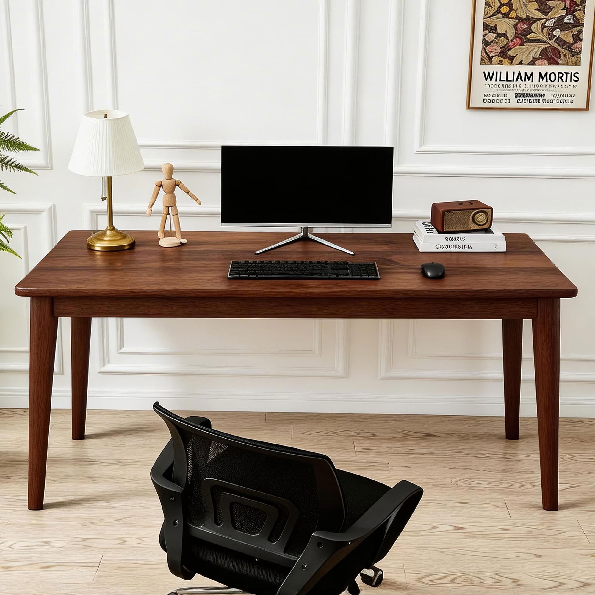 MAYEERTY Solid Rubberwood Writing Desk, Mid-Century Modern Computer Desk with Walnut Finish, for Small Spaces Bedroom Home Office Dorm Room