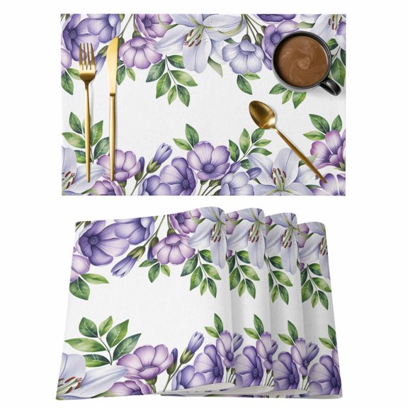 Purple Flowers Placemats Set of 6, Spring Watercolor Floral Leaves Plants Placemats for Dining Table, Place Mats for Kitchen Tabletop, Waterproof Wipeable Dining Table Mats Set