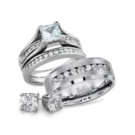 His And Hers Anium Stainless Steel Cz Bridal Matching Wedding His And Hers Anium Stainless Steel Cz Bridal Matching Wedding Rings Set Free Sterling Silver Earrings Women S Size 05 Men 13
