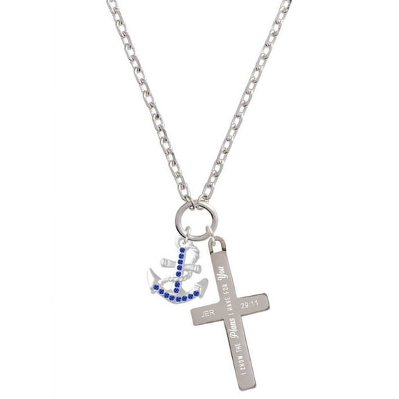 Delight Jewelry Silvertone Blue Crystal Anchor I Have Plans for You Engraved Cross Zoey Necklace, 28"