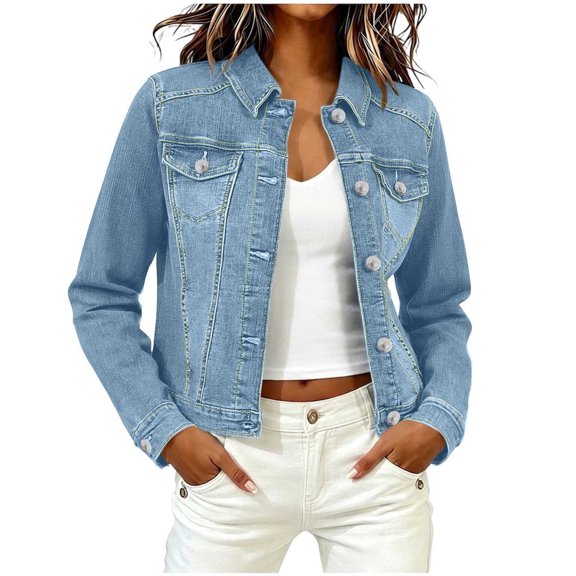 Sevevn Women's Long Sleeve Lapel Short Jean Trucker Jacket Cropped Denim Coat with Pockets Casual Versatile Outfits for Office Work Going Out