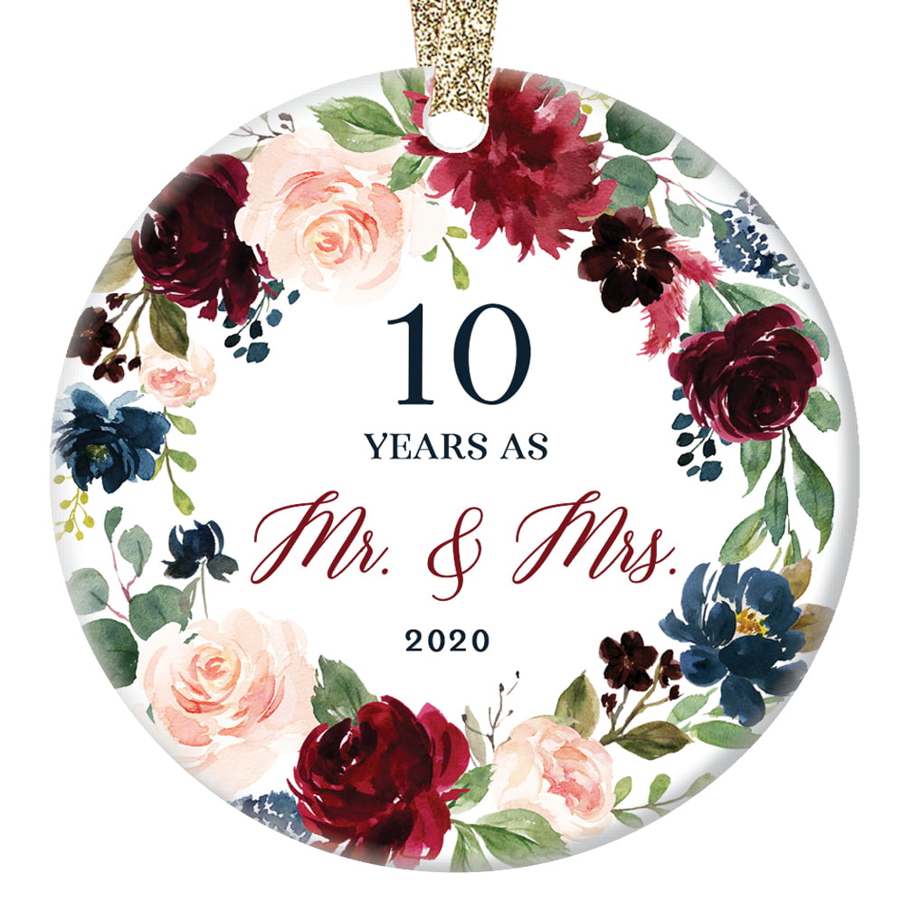 10th Wedding Anniversary 2020 Christmas Ornament Gift 10 Years Together Husband Wife Tenth Year Married Couple Ceramic Tree Decoration Keepsake Present 3 Flat Porcelain With Gold Ribbon Free Box