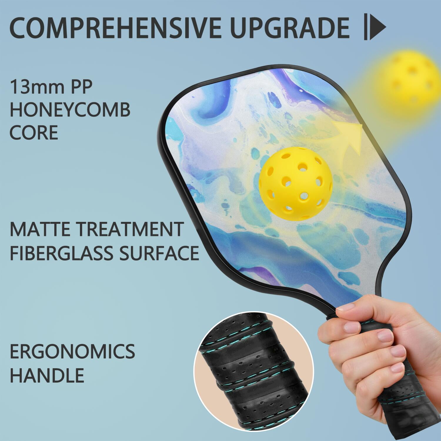 Pickleball Paddles Set Of 2, Fiberglass Surface, Turquoise Marble Pattern, 4 Balls & Bag