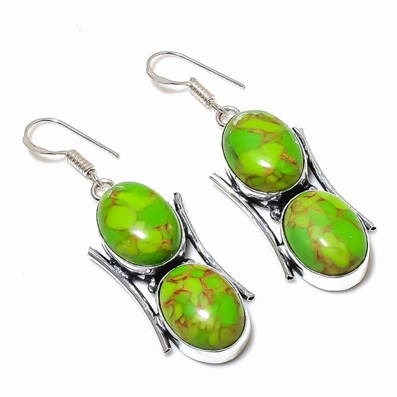 Natural Copper Green Turquoise Gemstone 925 Sterling Silver Earring 2.21"
