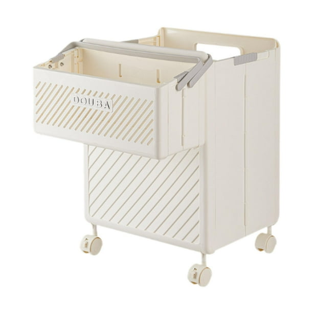 Cesta de ropa plegable con ruedas y una pequeña cesta portátil para la ropa sucia. Beige