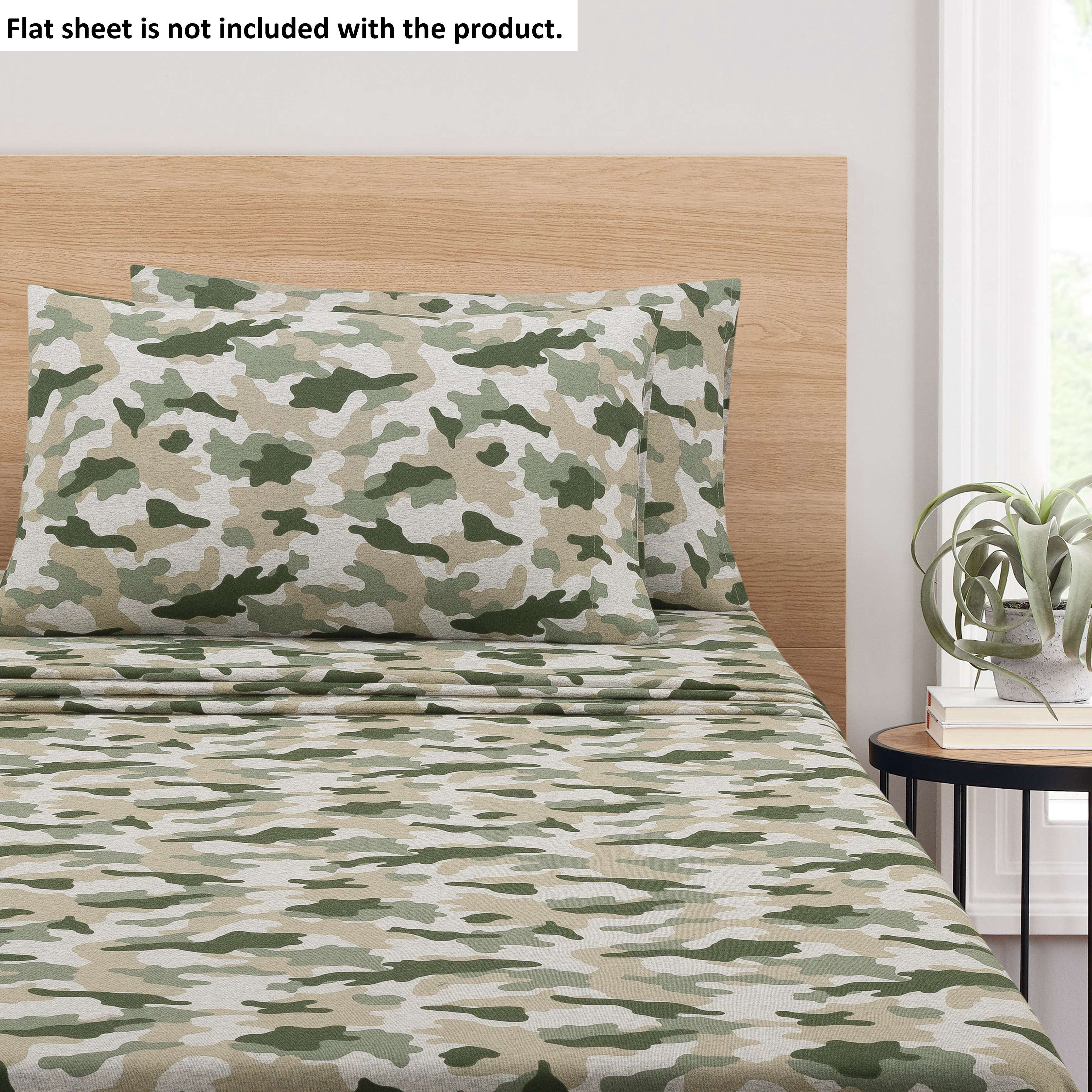 Mainstays 2 Pack Jersey Adult Fitted Sheet Set, Cotton Blended, Gray & Camo, Twin-XL, 4Pieces