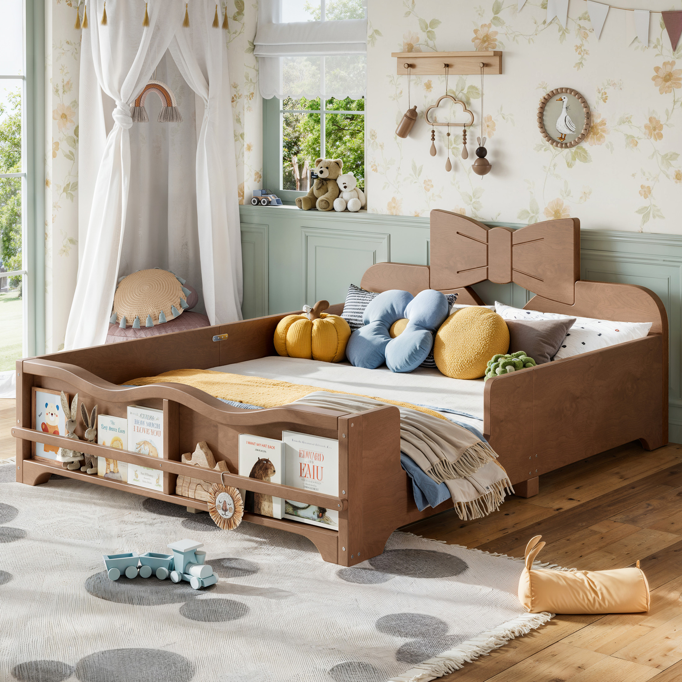 GDF Studio Full Size Kids Platform Bed with Bowknot Headboard, Guardrails & Bookshelf, Brown