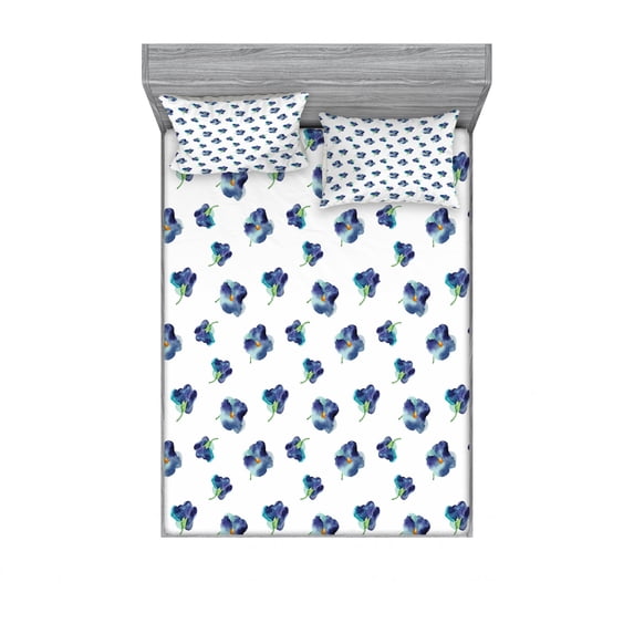 Floral Bedding Set with Sheet & Covers, Watercolors Painted Violet Flowers Pattern Blooms Spring Nature Theme, Printed Bedroom Decor 2 Shams, 4 Sizes, Turquoise Navy Blue, by Ambesonne