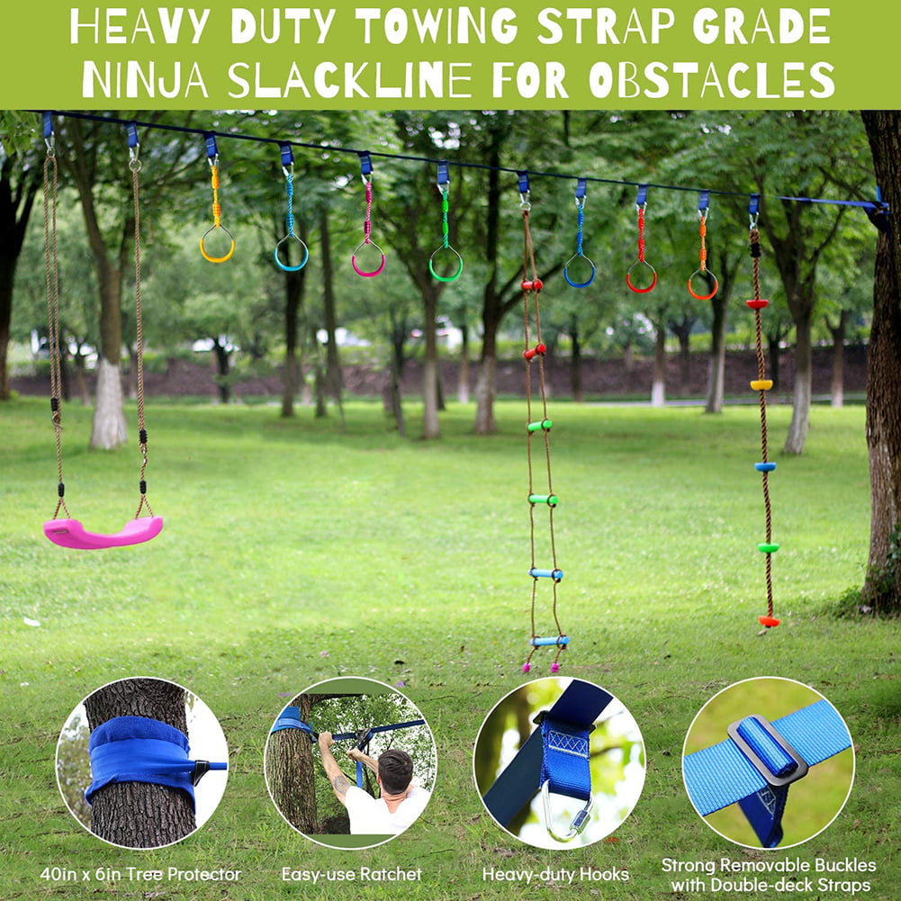 Pink Color Rainbow Craft Ninjaline Slackline for Obstacle Course Set with Removable Loops for Kids Backyard Outdoor Play 