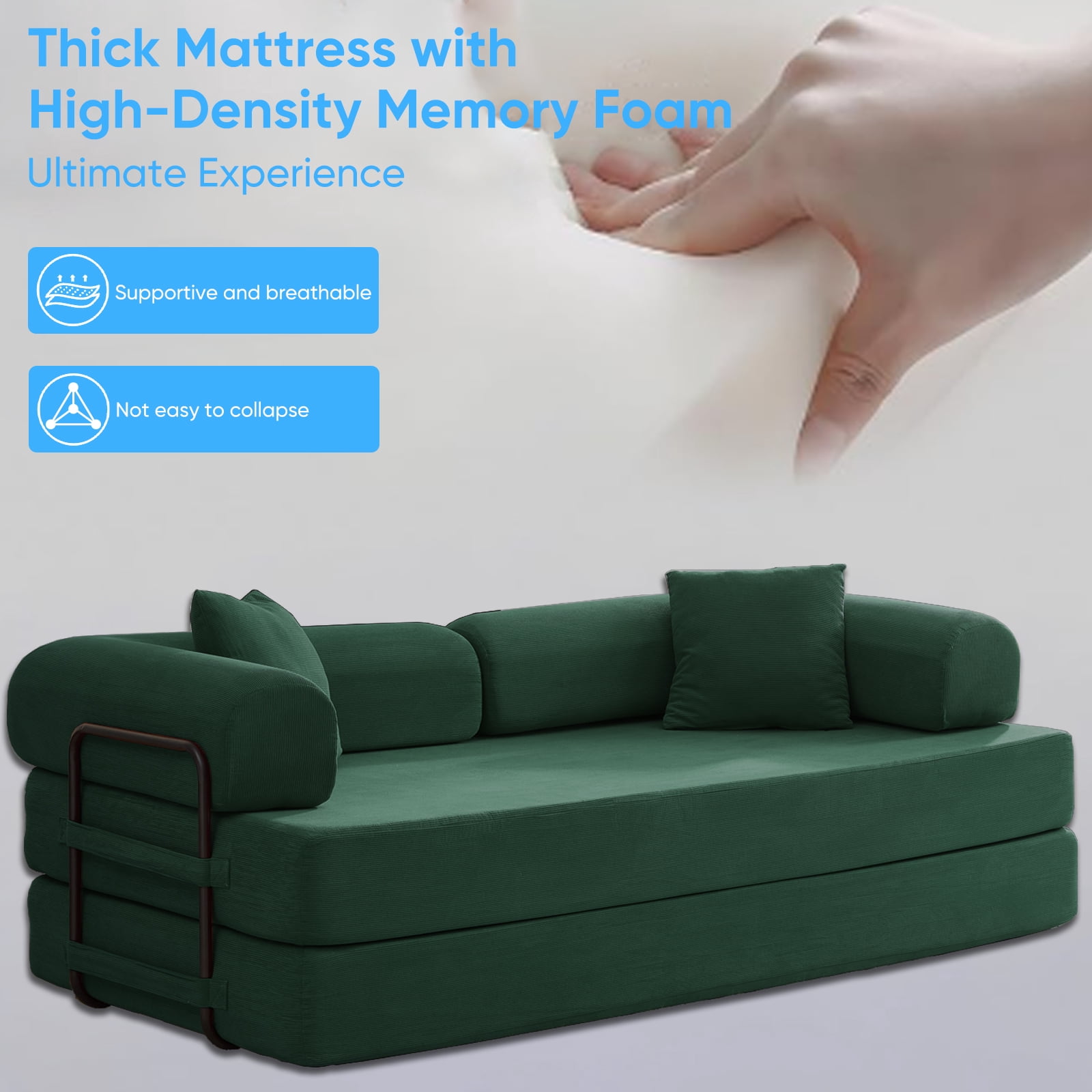 ZAFLY Folding Sofa Bed | Convertible Futon Sleeper Couch | Modern Floor Mattress | Corduroy Sofas and Couches for Living Room - Green