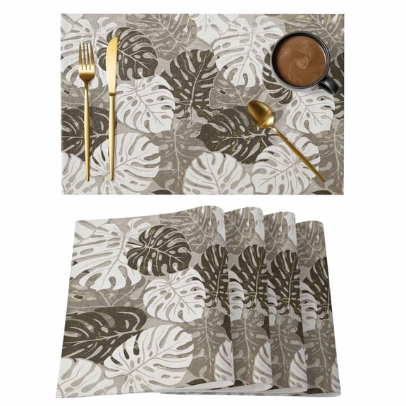 Gray Brown Monstera Leaves Placemats Set of 12, Botanical Summer Tropical Plant Non-Slip Place Mats Washable Table Mats for Kitchen Dining Table Decorations Indoor/Outdoor