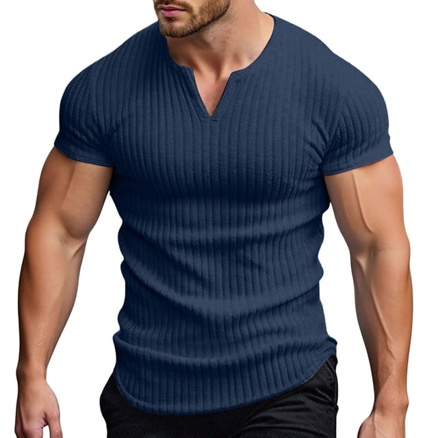 Men's Summer Style Ribbed Knit T Shirt Slim Fit Breathable Casual Basic Tee for Daily Wear Apparel