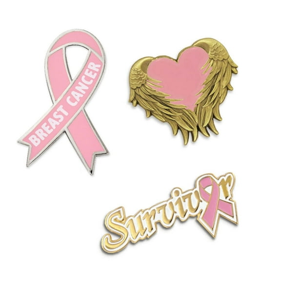 PinMart Pink Breast Cancer Survivor Awareness Heart Ribbon Enamel Lapel Pin Set