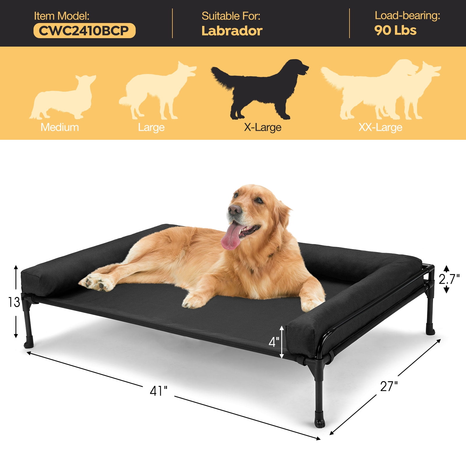 Veehoo Cooling Elevated Dog Bed with Removable Bolster, Raised Dog Sofa Bed for Large Sized Dogs, Indoor and Outdoor Metal Elevated Dog Cot with No-Slip Feet & Washable Textilene Mesh, X-Large, Black