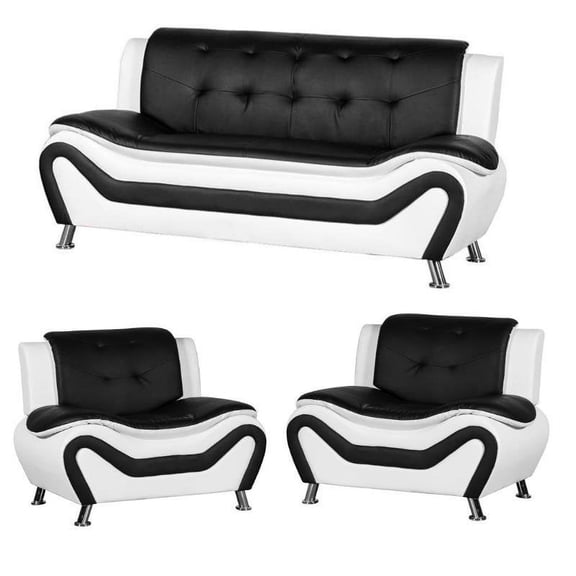 3 Piece Living Room Set with 2 Tone Sofa and Armchairs in Black/White