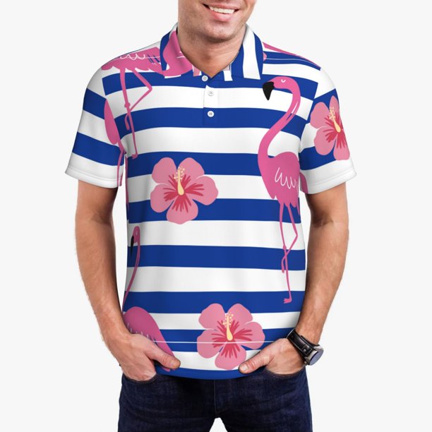 Fotbe Flamingo Camiseta Polo de Golf para Hombre con Estampado – Camisa Deportiva Transpirable con Cuello Abotonado-Large