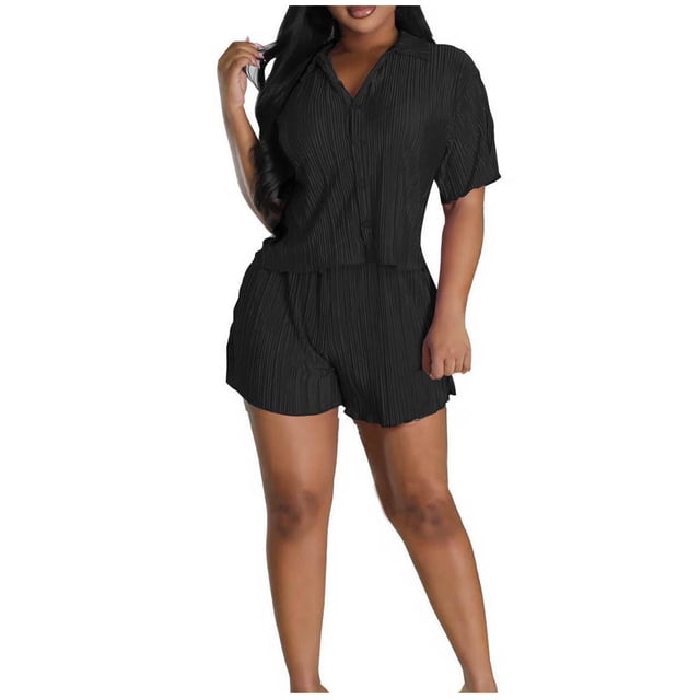 Mikilon Ensemble Élégant pour Femmes 2 Pcs Couleur Unie Plissé Mode Décontractée Manches Courtes Ensemble Deux Pièces Couleur Unie Plissé Mode Décontractée Manches Courtes Ensemble Deux Pièces Noir S