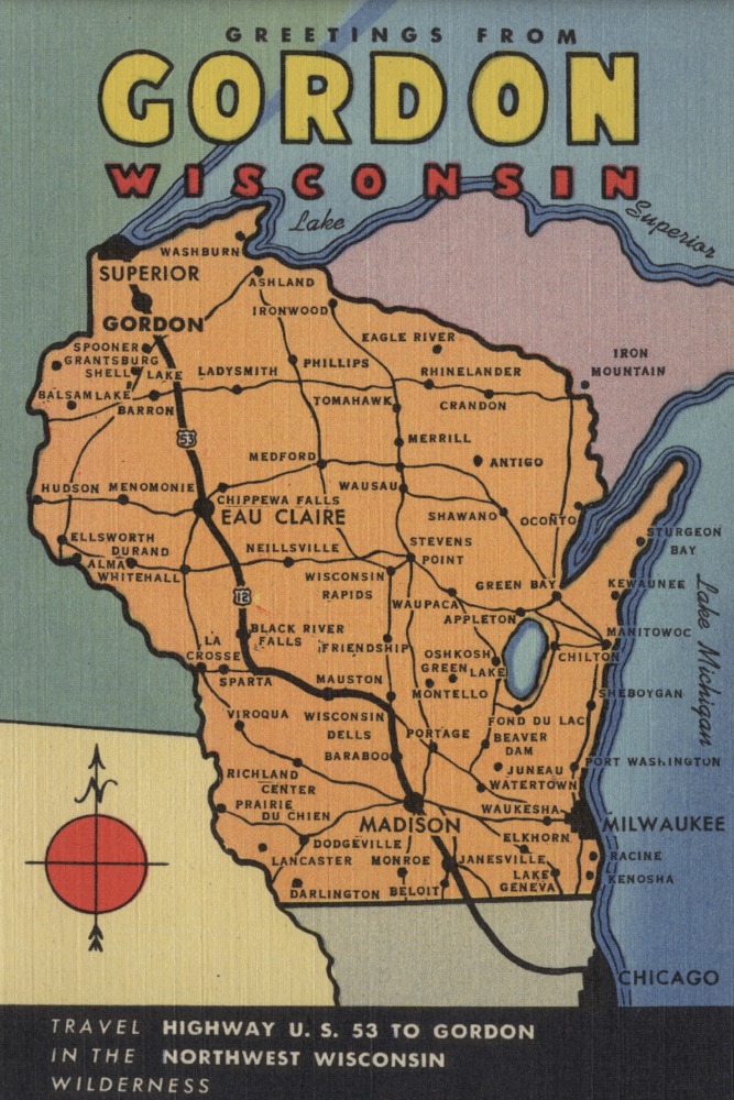 Greetings From Gordon, Wisconsin, Map of State (16x24 Giclee Gallery