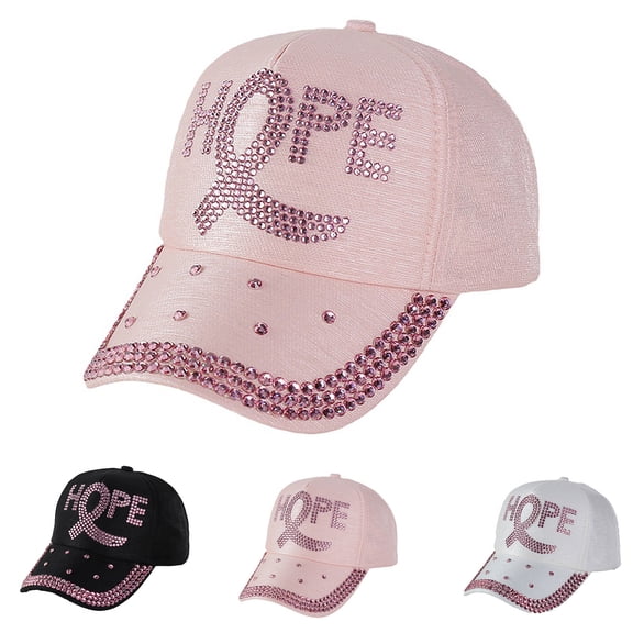 JUjie Pink Ribbon Cancer Hats for Women, Cancer Awareness Cap, Bling Cancer Survivor Gifts for Woman Pink One Size