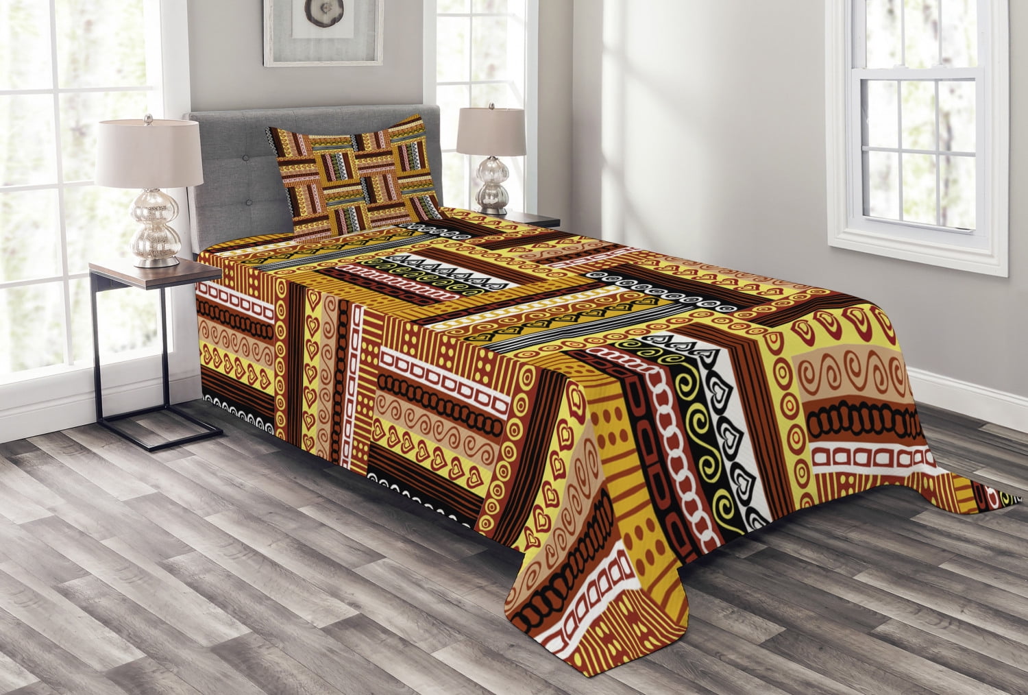 Ethnic Bedspread Set, Traditional African Oriental Motifs with Tribal