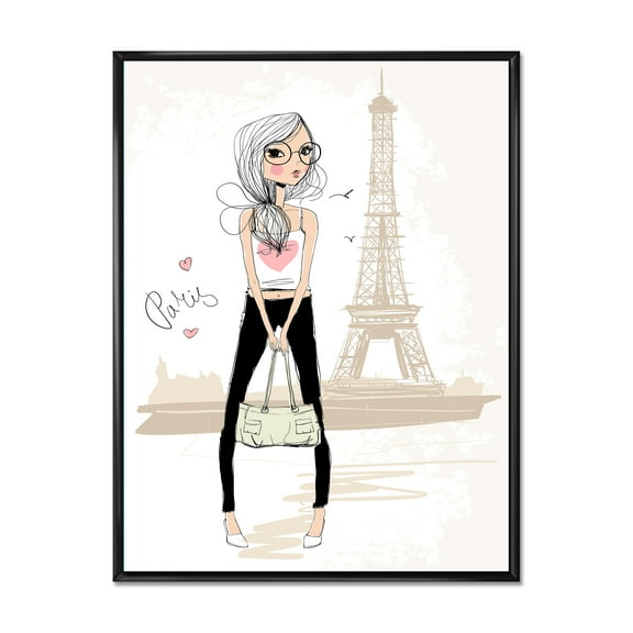 Designart 'Cute Girl By The Tour Paris Eiffel Tower' Children's Art Framed Canvas Wall Art Print