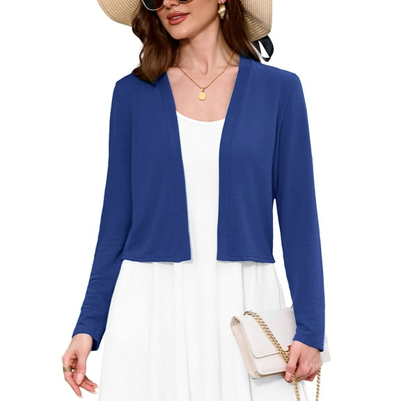Chiclily Women's Long Sleeve Cropped Cardigans Sweaters Open Front Knit Short Shrugs for Dresses, Royal Blue L