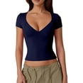 thumbnail image 3 of Women's V Neck Short Sleeve Tops With Built-in Seamed Cup And Double Lined Featuring Fitted Cropped Cut Navy M, 3 of 9