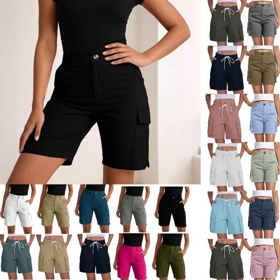 LEKWK Cargo Shorts for Women with Multiple Pockets High Waisted Button Front Bermuda Shorts Lightweight Cargo Pockets Straight Fit Outdoor Travel Bottoms Summer Wear Black L