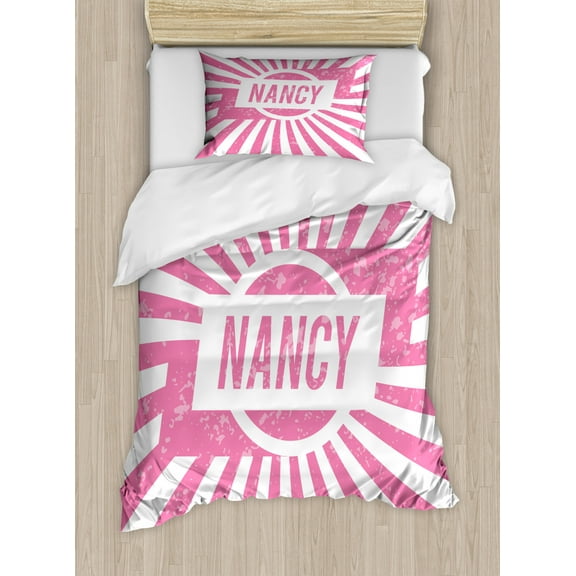 Nancy Twin Size Duvet Cover Set, Popular Women`s Name Illustration with Retro Style Elements Pink and White, Decorative 2 Piece Bedding Set with 1 Pillow Sham, Pale Pink and White, by Ambesonne